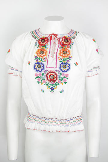 Vintage 70s Short Sleeve Embroidered Blouse - S
