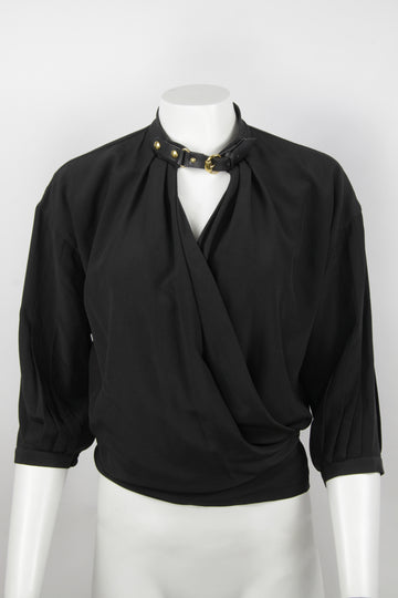 Gucci Silk Wrap Blouse With Leather Collar Strap  - S