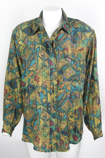 Vintage 90s Patterned Silk Blouse - L