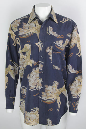 Vintage 90s Saints Patterned Silk Shirt - M