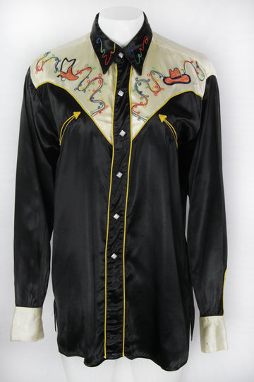 Vintage 50s Square Dance Satin Embroidered Rodeo Cowboy Shirt  - M