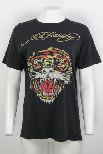 Vintage Y2k Diamonte Tiger Ed Hardy T-shirt - L